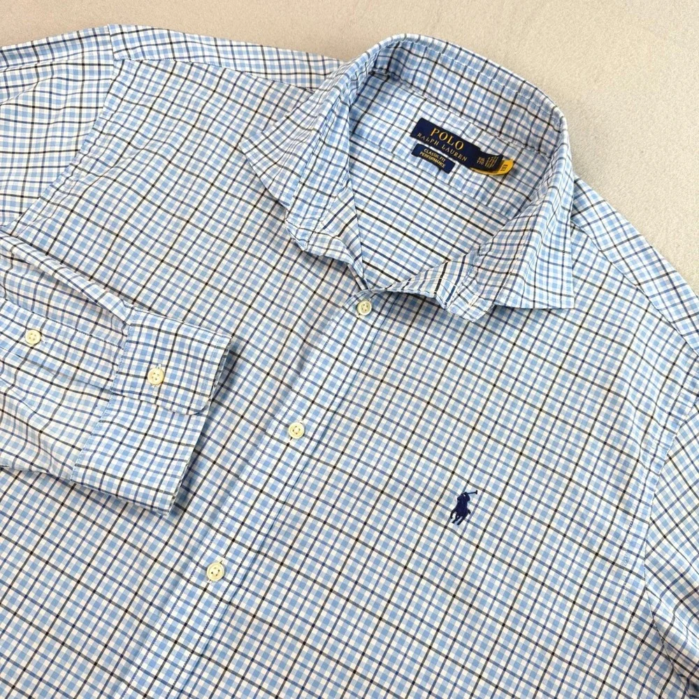 Polo Ralph Lauren Shirt Mens XXL Blue Check Classic Fit Performance